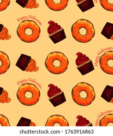 Vector illustration of pumpkin donut and chocolate cream cupcake for Halloween.