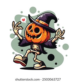 Ilustración vectorial de una calabaza vestida de bruja en estilo de dibujos animados. Dibujos animados de Halloween