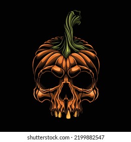 Vector illustration of pumpkin evil skull in engraving technique. Isolated on black.