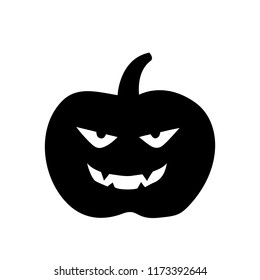 Vector illustration of pumpkin with face in black isolated on white background for decoration, sticker, halloween, invitation, greeting card