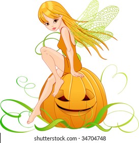 Vector illustration of pumpkin fairy sitting on pumpkin