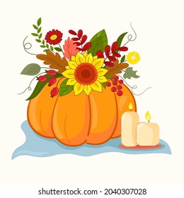 Vector illustration pumpkin and flowers   candles  Autumn concept 