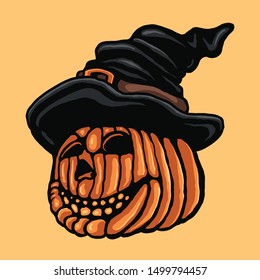Vector illustration of pumpkin fruit character. in a witch's hat.