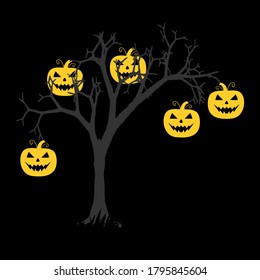 Vector illustration of pumpkin ghost on the tree. Halloween celebration.
