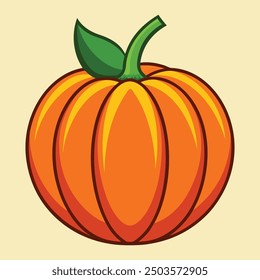 Ilustración vectorial de una calabaza con un tallo verde. Otoño Halloween o calabaza de acción de gracias, comida vegetal saludable