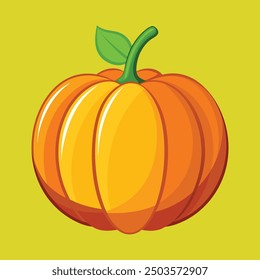 Ilustración vectorial de una calabaza con un tallo verde. Otoño Halloween o calabaza de acción de gracias, comida vegetal saludable