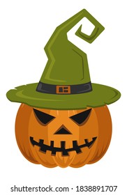 Vector illustration. Pumpkin with green witch hat on white background. For gift paper, textiles, clothes, social networks, wallpaper, prints, festive decor. Helloween.