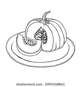 Vector Illustration of a Pumpkin Half on a Plate, Hand-Drawn