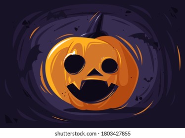 Vektorgrafik eines Kürbis zu Halloween, gruseliges Gesicht mit Fledermäusen auf dem Hintergrund