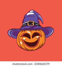 vectorial Ilustración de una calabaza para Halloween con sombrero de bruja, mejor para afiche de hallowen, camiseta, pegatina, etc sobre fondo naranja