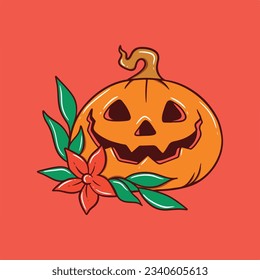 vector Illustration of a Pumpkin for hallowen with flower and leaf, best for hallowen poster, t-shirt, sticker, etc on orange background