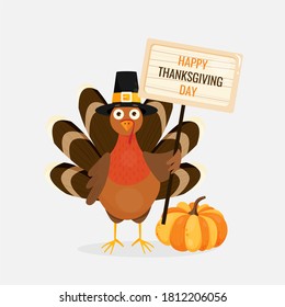 Vector illustration of pumpkin, happy thanksgiving turkey wearing piligrim hat and holding a banner