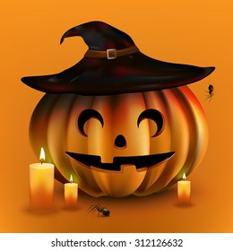 Vector illustration pumpkin with hat. Happy Halloween. Candles, witch hat, spider. EPS 10