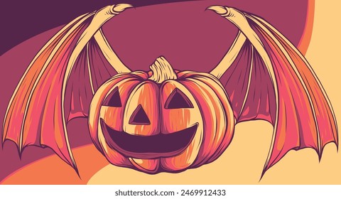 vector illustration of Pumpkin head with Bat wing.