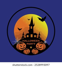 Vector illustration of pumpkin head scary house halloween party