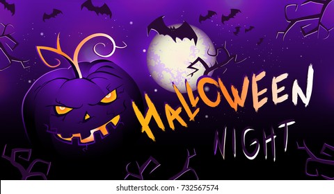 Vector illustration with  pumpkin head and text Halloween Night on background with full moon and bats. Hand drawn lettering.