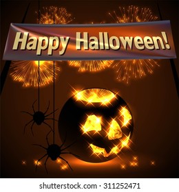 Vector illustration of pumpkin for Helloween with text and salute on black background. Painting effect