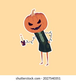 Vector illustration of a pumpkin  jack O Lantern for halloween. Hand drawn cartoon scarecrow with candle sticker for logo, icon, banner, poster.