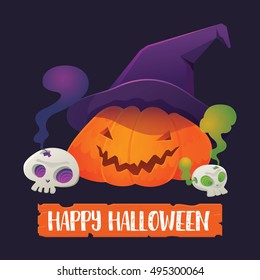 Vector Illustration of Pumpkin Jack-O'-Lantern wearing Witch Hat with Skull and Happy Halloween Sign 
