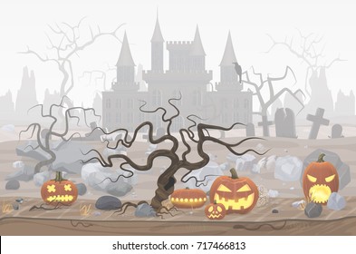 Vector illustration of pumpkin lanterns for Halloween and foggy cemetery and horror Dracula castle.