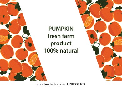 vector illustration of pumpkin and leaf design background white and vegetable and text fresh farm product 100% natural EPS10
