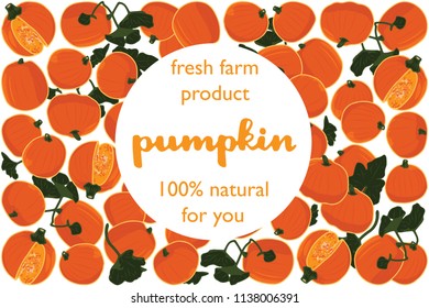 vector illustration of pumpkin and leaf design with lettering pumpkin background white and vegetable and text fresh farm product 100% natural for you EPS10