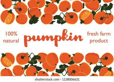 vector illustration of pumpkin and leaf design with lettering pumpkin background white and vegetable and text fresh farm product 100% natural EPS10