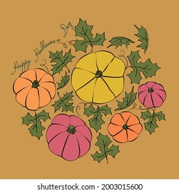 Vector illustration of a pumpkin with leaves with the inscription Happy Halloween for party invitation, poster, postcard, sticker. All saints' eve hand-drawn background