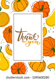Vector illustration with pumpkin and leaves. Template for card. Vegetable from the farm. Organic food. Design for logo, cards, banners and textile. EPS 10