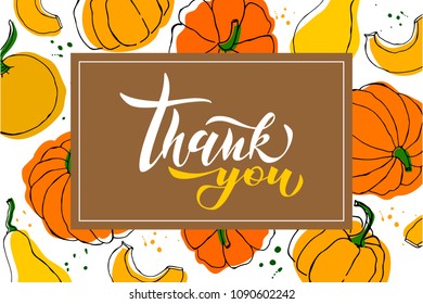 Vector illustration with pumpkin and leaves. Template for card. Vegetable from the farm. Organic food. Design for logo, cards, banners and textile. EPS 10