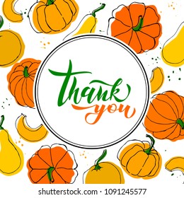 Vector illustration with pumpkin and leaves. Vegetable from the farm. Organic food. Design for logo, cards, banners and textile. EPS 10