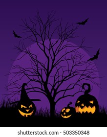 Vector illustration of a pumpkin on Halloween night on background of the moon