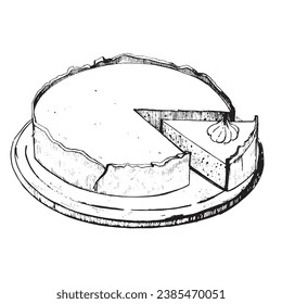 vector illustration. Pumpkin pie drawn in vector in black on a white background. Cut pie, piece of pie on a white background. For baking, kitchen, dining room, design and creativity.