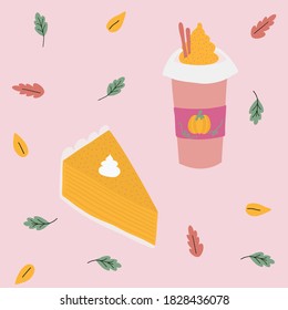 Vector illustration of a pumpkin pie and hot pumpkin drink set with leaves on a pink background.