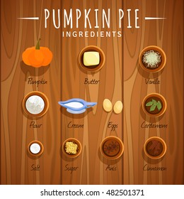 Vector illustration. Pumpkin pie ingredients. On a wooden countertop