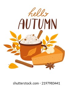 Vector illustration of pumpkin pie with whipped cream and spicy coffee, cinnamon sticks and anise. Hand drawn autumn hot drink and dessert