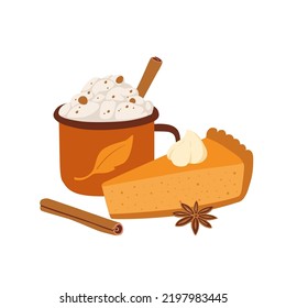 Ilustración vectorial de la tarta de calabaza con crema batida y café picante, bastones de canela y anís. Bebida caliente y postre de otoño dibujada a mano