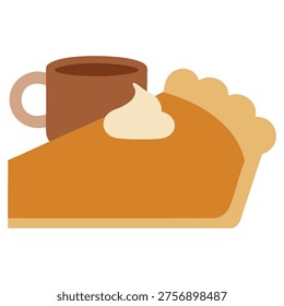vector illustration of pumpkin pie with whipped cream and spicy coffee cinnamon sticks anise hand drawn autumn