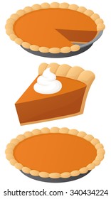 Vector illustration of a pumpkin pie, whole and slice.