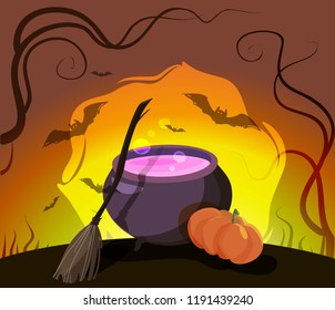 vector illustration, with pumpkin pot of witch and broom, for halloween