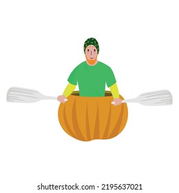 vector illustration of pumpkin regatta. a man with paddles in a pumpkin.