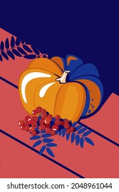 Vector illustration of pumpkin and rowan on the table. Autumn still life suitable for banner, poster, picture.