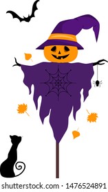 Vector illustration of a pumpkin scarecrow for Halloween with a black cat and a bat
