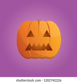 Vector illustration of a pumpkin with a scary face on a purple background