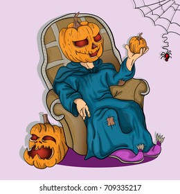 vector illustration pumpkin sitting in an armchair and looking at a pumpkin