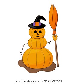 Vector illustration of a pumpkin snowman. Cute Halloween character with a broom in his hand and a black hat.          