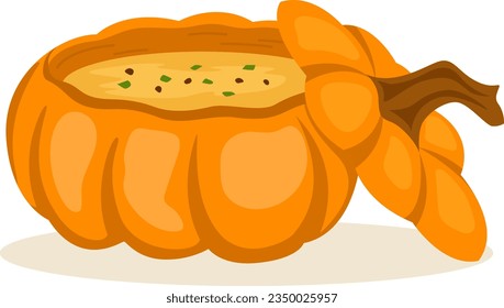 Vector illustration of pumpkin soup in a pumpkin isolated on a white background. Autumn sticker. Image for printing. The concept of food, autumn mood, cooking.