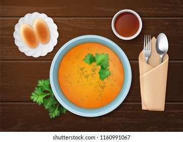 Vector illustration of pumpkin soup with parsley in bowl and freshly baked buns with utensils and drink on brown wooden table, top view