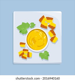 Vector illustration of Pumpkin soup in the white bowl. A bowl of pumpkin soup with slice pumpkin on the white tray. Decoration of a bowl pumpkin soup on the blue background.