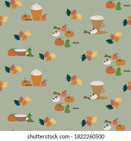 Vector illustration of pumpkin spice coffee with pumpkins, cinnamon sticks, and fall leaves on a warm green background. Seamless pattern.